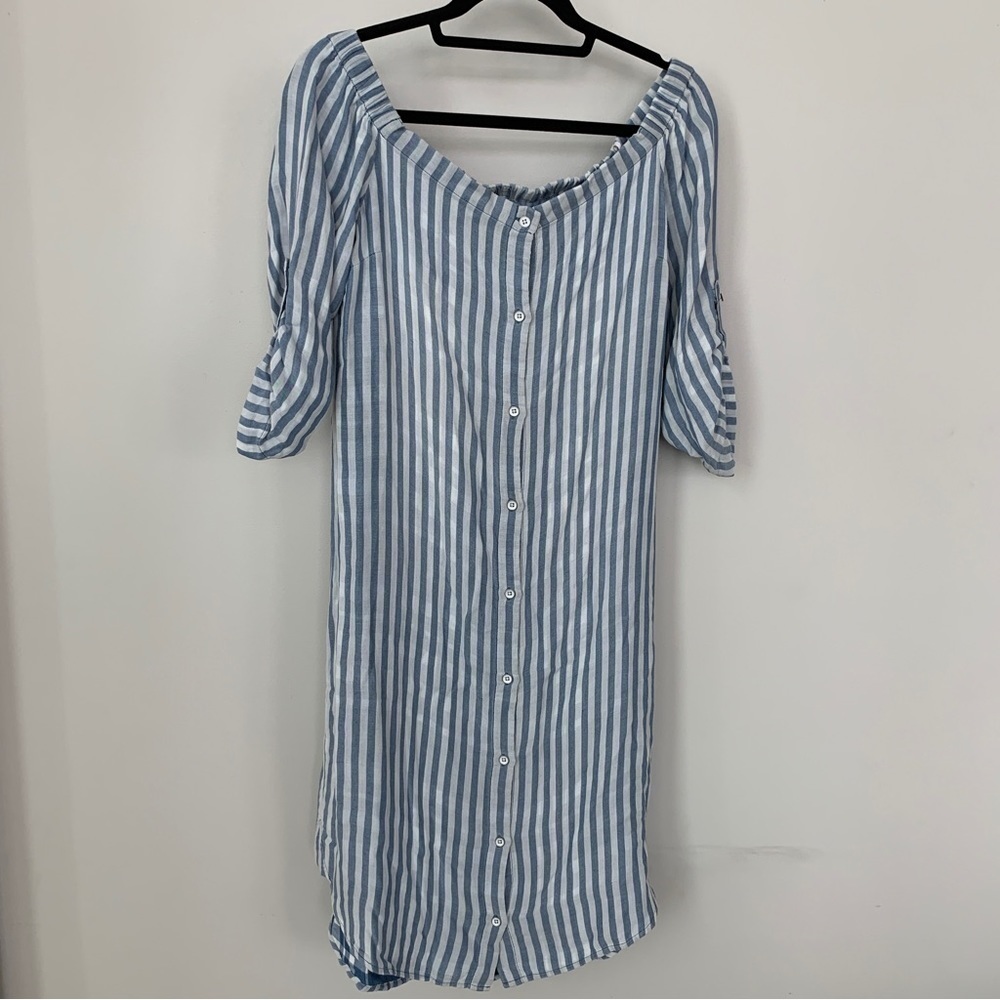 Cloth & Stone Chambray‎ & White Striped Off the Shoulder Shirt Dress Size M